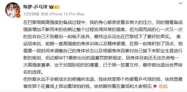 陈梦因身体原因退出世界排名 新规定促其决定